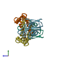 PDB entry 2mjw coloured by chain, ensemble of 10 models, side view.