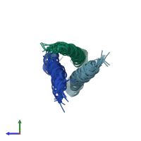 PDB entry 2mka coloured by chain, ensemble of 10 models, side view.