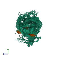 PDB entry 2mkk coloured by chain, ensemble of 10 models, side view.