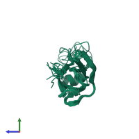 PDB entry 2mkl coloured by chain, ensemble of 10 models, side view.