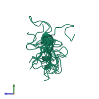 PDB entry 2mlu coloured by chain, ensemble of 20 models, side view.