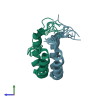 PDB entry 2mn6 coloured by chain, ensemble of 10 models, side view.