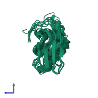 PDB entry 2mng coloured by chain, ensemble of 10 models, side view.