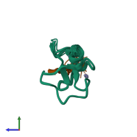 PDB entry 2mnz coloured by chain, ensemble of 20 models, side view.
