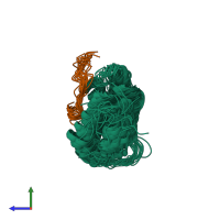 PDB entry 2mow coloured by chain, ensemble of 20 models, side view.