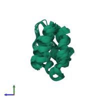 PDB entry 2mpc coloured by chain, ensemble of 10 models, side view.