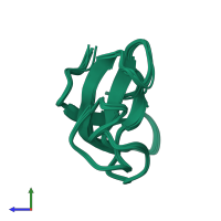 PDB entry 2mpx coloured by chain, ensemble of 10 models, side view.