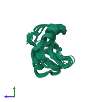 PDB entry 2mqi coloured by chain, ensemble of 20 models, side view.