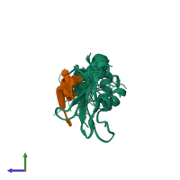 PDB entry 2mqp coloured by chain, ensemble of 20 models, side view.