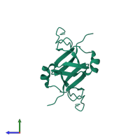 Homo dimeric assembly 1 of PDB entry 2mrn coloured by chemically distinct molecules, side view.