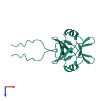 Homo dimeric assembly 1 of PDB entry 2mrn coloured by chemically distinct molecules, top view.