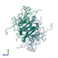 PDB entry 2mrn coloured by chain, ensemble of 20 models, side view.