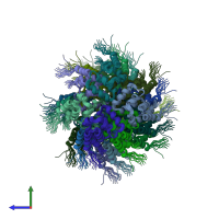 PDB entry 2ms7 coloured by chain, ensemble of 15 models, side view.