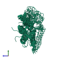 PDB entry 2mtn coloured by chain, ensemble of 20 models, side view.