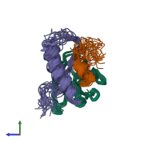 PDB entry 2mtp coloured by chain, ensemble of 20 models, side view.