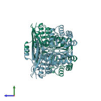 PDB entry 2muc coloured by chain, side view.
