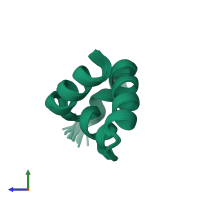 PDB entry 2mun coloured by chain, ensemble of 25 models, side view.