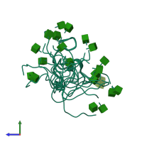 PDB entry 2mvi coloured by chain, ensemble of 20 models, side view.