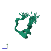 PDB entry 2mwa coloured by chain, ensemble of 20 models, side view.