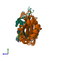 PDB entry 2mws coloured by chain, ensemble of 8 models, side view.