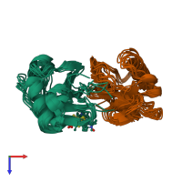 PDB entry 2mws coloured by chain, ensemble of 8 models, top view.