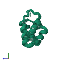 PDB entry 2mxt coloured by chain, ensemble of 19 models, side view.