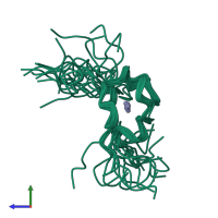 PDB entry 2mxv coloured by chain, ensemble of 20 models, side view.