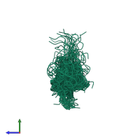 PDB entry 2mxw coloured by chain, ensemble of 20 models, side view.