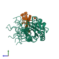 PDB entry 2mz1 coloured by chain, ensemble of 20 models, side view.