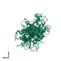 PDB entry 2mz7 coloured by chain, ensemble of 20 models, side view.