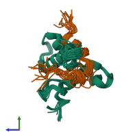 PDB entry 2mzd coloured by chain, ensemble of 15 models, side view.