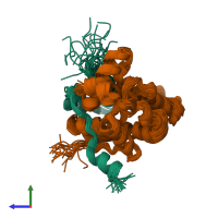 PDB entry 2n1d coloured by chain, ensemble of 20 models, side view.
