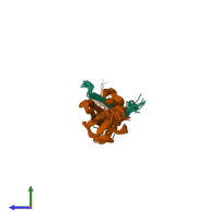 PDB entry 2n9e coloured by chain, ensemble of 20 models, side view.