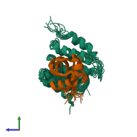 PDB entry 2nbw coloured by chain, ensemble of 10 models, side view.