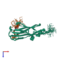 PDB entry 2ndf coloured by chain, ensemble of 20 models, top view.