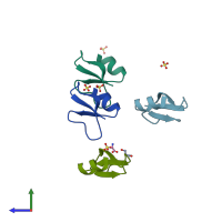 PDB entry 2nlq coloured by chain, side view.