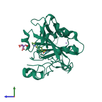 Monomeric assembly 2 of PDB entry 2nmx coloured by chemically distinct molecules, side view.