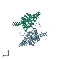 PDB entry 2nog coloured by chain, side view.