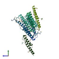 PDB entry 2nr5 coloured by chain, side view.