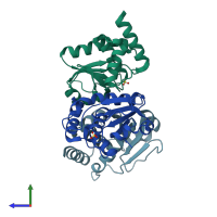 PDB entry 2nt2 coloured by chain, side view.