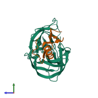 PDB entry 2nu1 coloured by chain, side view.