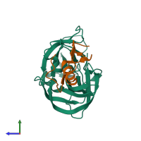 PDB entry 2nu3 coloured by chain, side view.