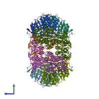 PDB entry 2nu9 coloured by chain, side view.