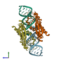 PDB entry 2nuf coloured by chain, side view.