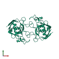 Homo dimeric assembly 1 of PDB entry 2nul coloured by chemically distinct molecules, front view.