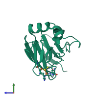PDB entry 2num coloured by chain, side view.