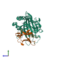 Hetero trimeric assembly 1 of PDB entry 2nw3 coloured by chemically distinct molecules, side view.