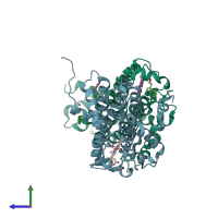 PDB entry 2nw8 coloured by chain, side view.