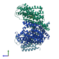 PDB entry 2nwl coloured by chain, side view.
