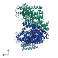 PDB entry 2nwx coloured by chain, side view.